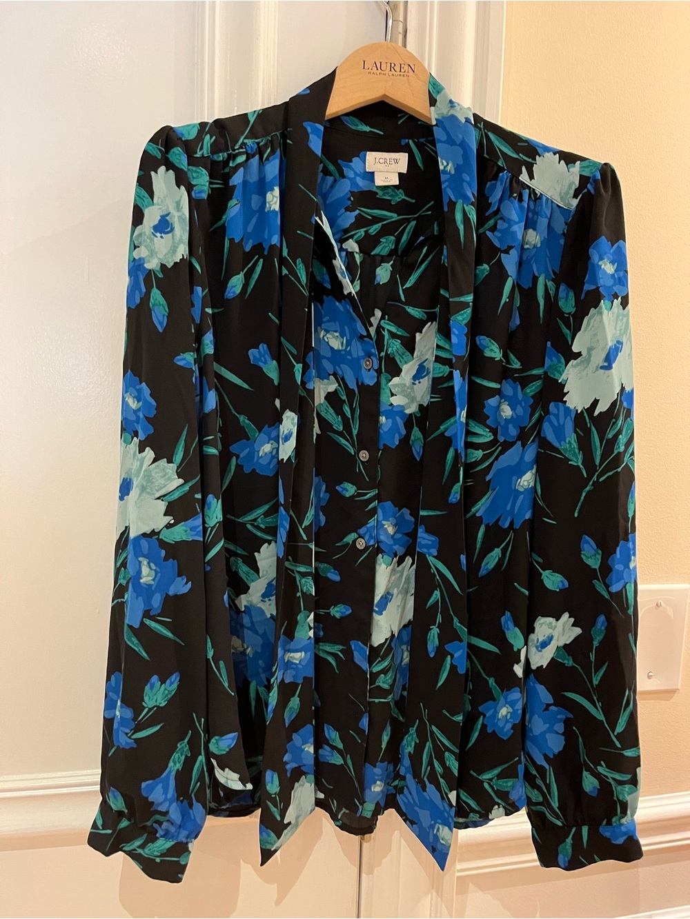 New J.Crew Women Medium Long-sleeve Bow Top Blouse Black Blue Floral